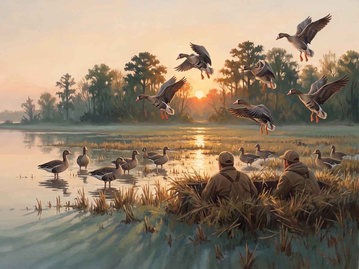Decoys on a flooded Delta field before sunrise, two hunters low in a blind, geese working the sky above a cypress treeline.