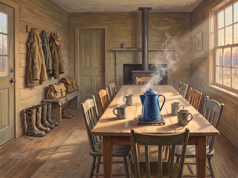 A camp common room in morning light: a long wood table, coffee cups, and boots lined up by the door.